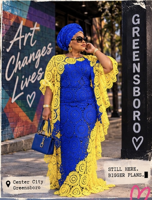 Stronger the Creator in blue and yellow beside the Art Changes Lives mural