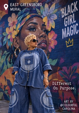 Stronger the Creator in denim at the East Greensboro Black Girl Magic mural