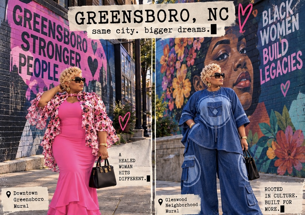 Stronger the Creator at Greensboro murals in pink and denim looks