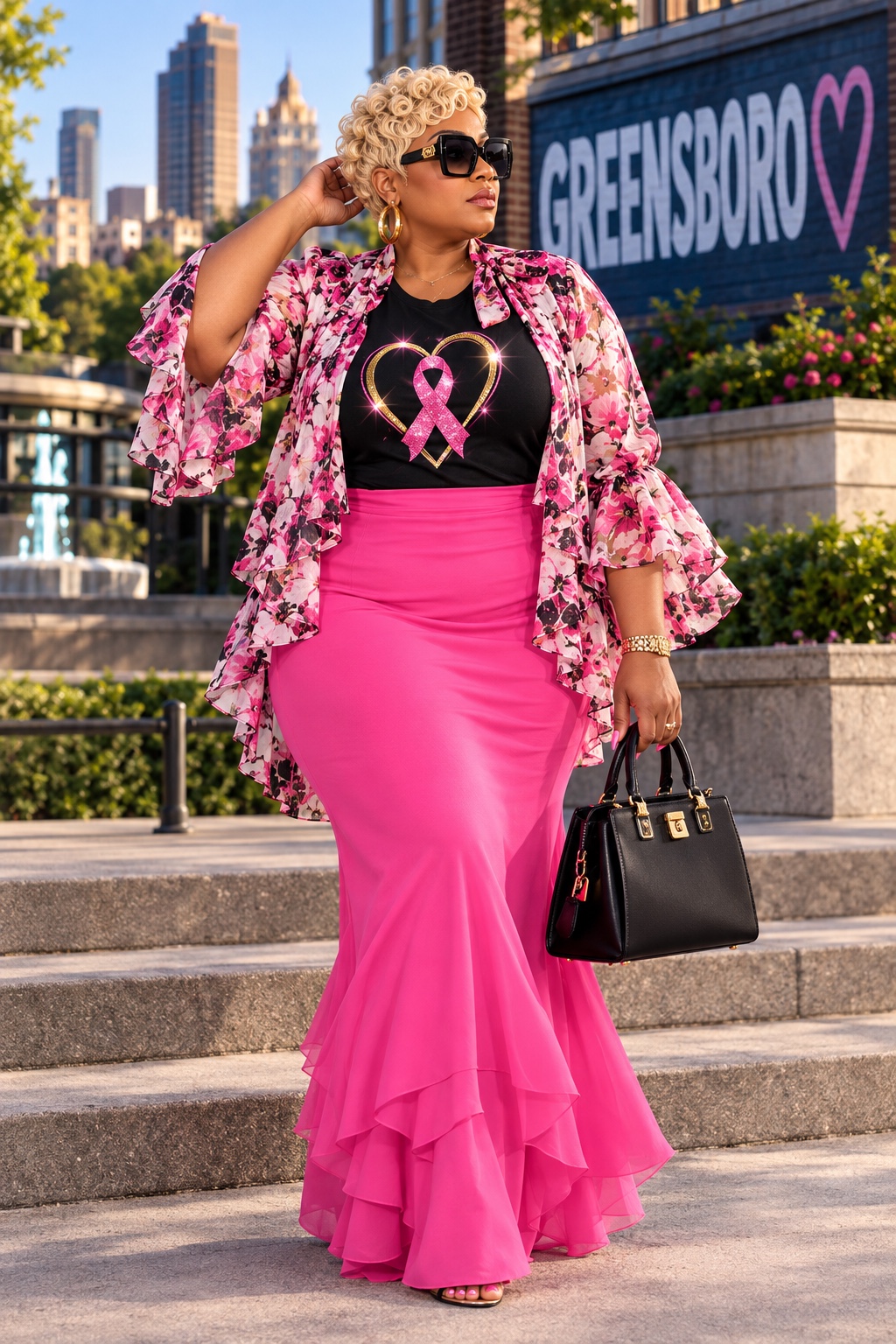 Stronger the Creator modeling the Still Here breast cancer awareness shirt in Greensboro